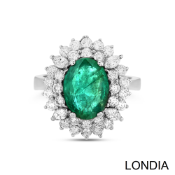 Natural Emerald Origin of Tanzania /Oval Cut Emerald Ring 18k Solid Gold/ Design Ring/ Natural Round and Marquise cut Diamond / 1108908 - Londia Jewellery