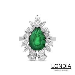 Natural Emerald Origin of Tanzania and Natural Marquise and Pear Cut Diamond Hand Made Unique Design Ring - Londia Jewellery